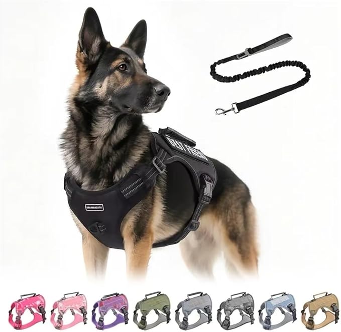 Tactical Dog Harness with Leash for Large Dogs, No Pull Adjustable Dog Harness, Reflective K9 Working Pet Vest for Walking, Training (Black, XL)