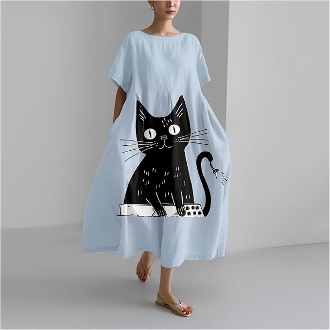 MARSVOVO Summer Dress for Women Funny Cat Graphic Cute Short Sleeve Maxi Dress Causal Plus Size Party Dress for Women