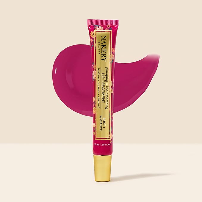 Nakery Plumping Lip Treatment for Dry Cracked Lips - Line Smoothing Lip Plumper for Women with Hyaluronic Acid Serum for Lips - Non Sticky Lip Gloss Plumper for Petal Soft Lips - Rose & Romance