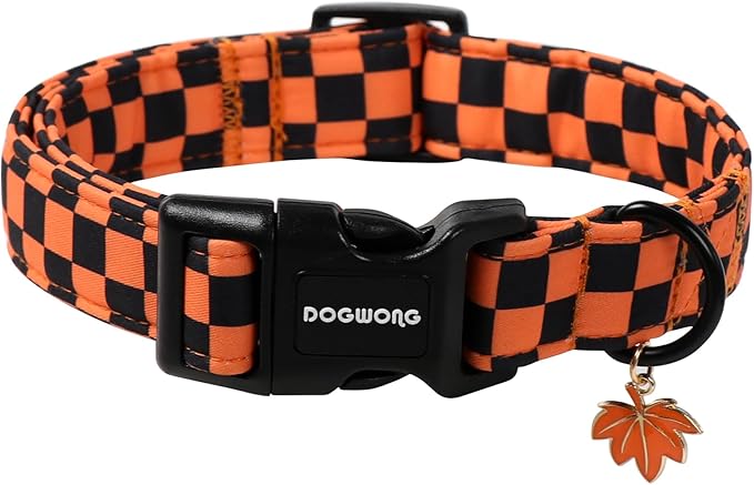 DOGWONG Fall Dog Collar, Orange Checkered Dog Collar Adjustable Soft Cute Pet Dog Collars Cute Plaid Puppy Necklace for Small Medium Large Dogs