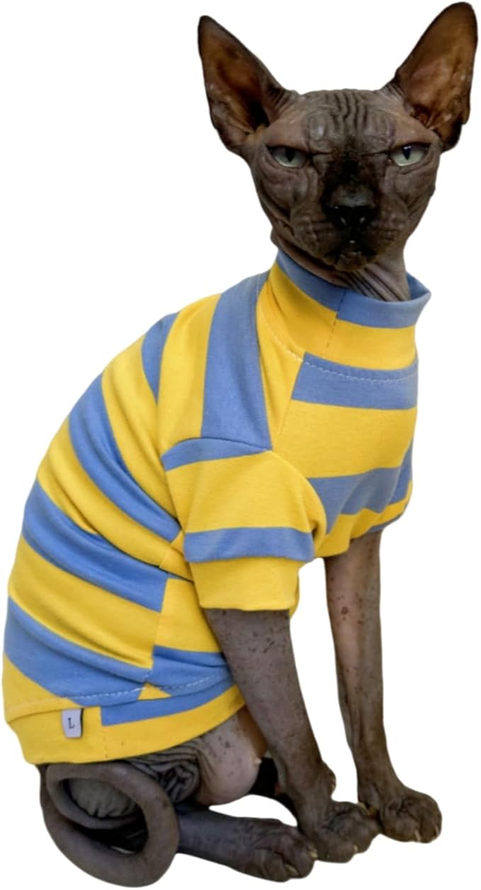 Sphynx Cat Clothes Shirts for Hairless Cat, Wide Stripe Cats Apparel, Kitten Summer Cotton T-Shirts with Sleeves for Cornish Rex, Devon Rex, Peterbald (Blue & Yellow, Medium)