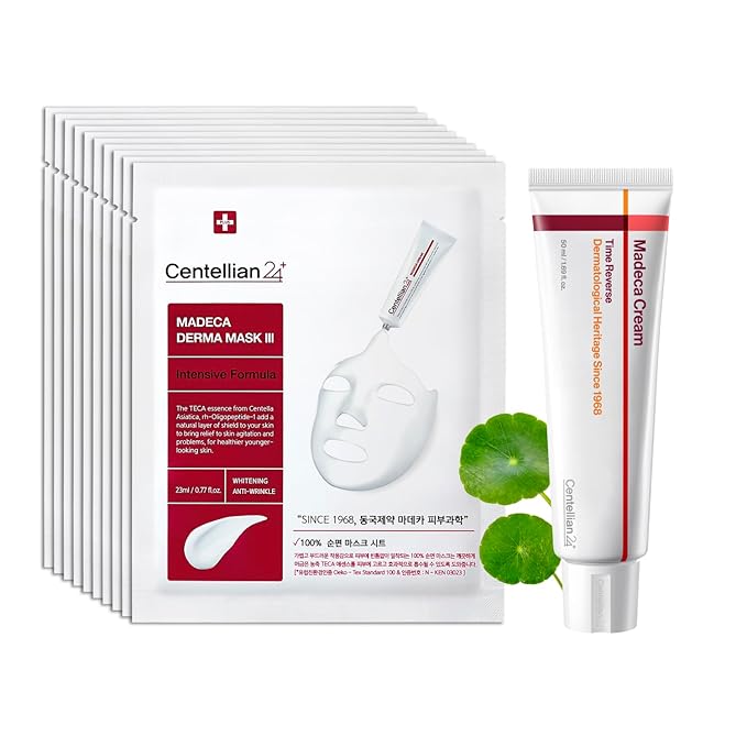 CENTELLIAN 24 Madeca Cream Time Reverse 50ml + Madeca Derma Mask 3(Intensive) 10pc – Hydrating, Firming, Wrinkle Care Set with Centella Asiatica, TECA & Madecassoside for nourished, soothed