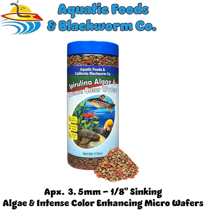 Aquatic Foods Inc. 3.5mm - 1/8" Small Sinking Wafers of Spirulina, Algae & Color Enhancing Wafers for Bottom Fish, Shrimp, Snails, Tropicals. 4-Type Wafer & 12-Type Pellets Included 12oz Canister