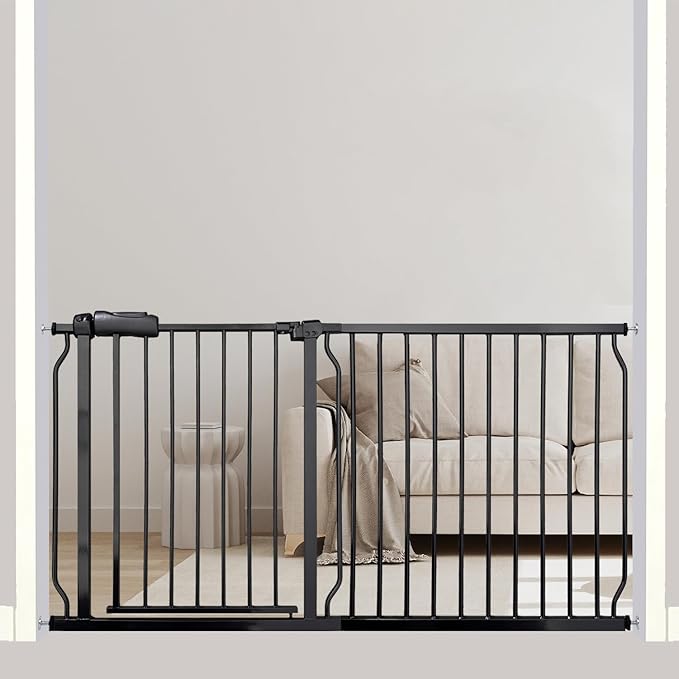 Extra Wide Baby Gate, 57.5-62 Inch - Black Metal, Pressure Mounted Indoor Safety Gate, Walk-Through Dog Gate for Kids & Pets, 30 Inch Tall