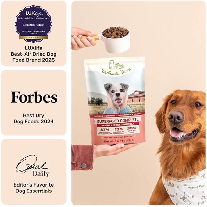 BADLANDS RANCH - Superfood Complete, Air-Dried Adult Dog Food - High Protein, Zero Fillers, Superfood Nutrition by Katherine Heigl (64 oz, Beef & Bison Formula)