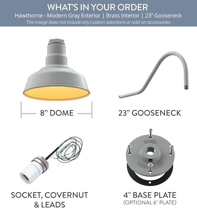 Steel Lighting Co. | Dusk to Dawn | Hawthorne Barn Light | Outdoor Wall Mounted | 8 in Dome | 23 inch Gooseneck| Small Farmhouse Light Made in America | Modern Gray/Brass
