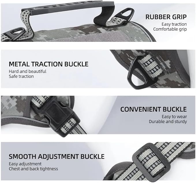 Tactical Dog Harness with Leash for Large Dogs, No Pull Adjustable Dog Harness, Reflective K9 Working Pet Vest for Walking, Training (Camouflage Grey, L)