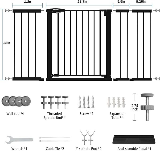 Mumeasy 29.7-57" Extra Wide Baby Gate for Doorways, Auto Close Dog Gate Indoor for Stairs, No-Drill Pressure Mounted Pet Gate with Door, Easy Walk Thru Long&Large Safety Gate for House, Outdoor, Black