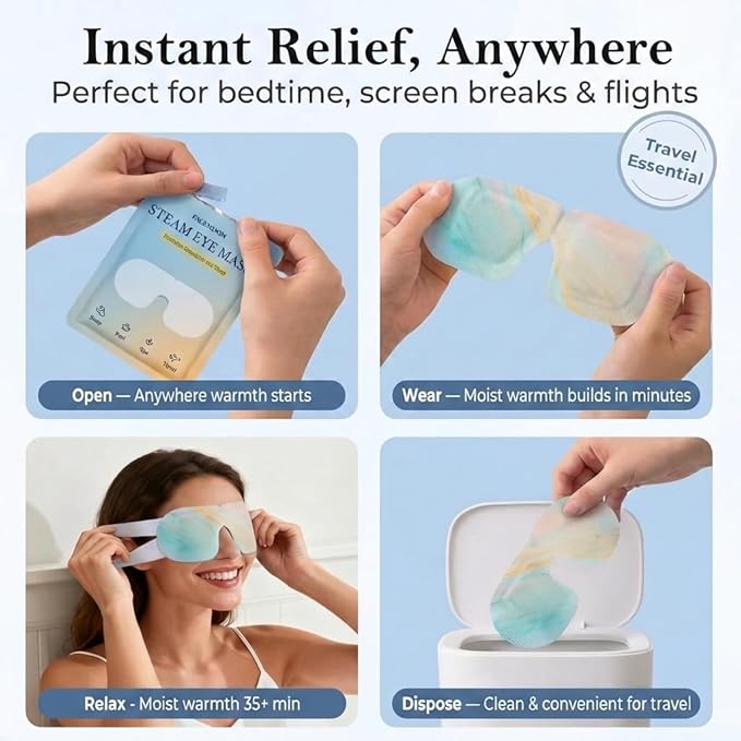 FACEMOON Self Heating Steam Eye Masks: Disposable Moist Warm Compress for Dry Eyes, Eye Strain, Stye & Stress Relief – No Microwave Needed for Relax, Travel, Sleep & Spa, Unscented
