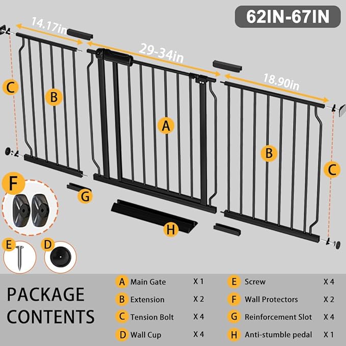 Fairy Baby Extra Wide Baby Gate Black 62-67 Inch Wide, Walk Through Pressure Mounted No Drill Dog Gate, Long and Large Tension Gate for Pet and Kids