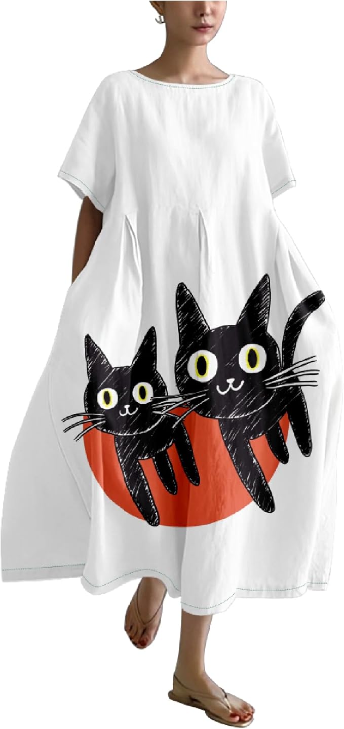 MARSVOVO Summer Dress for Women Funny Cat Graphic Cute Short Sleeve Maxi Dress Causal Plus Size Party Dress for Women