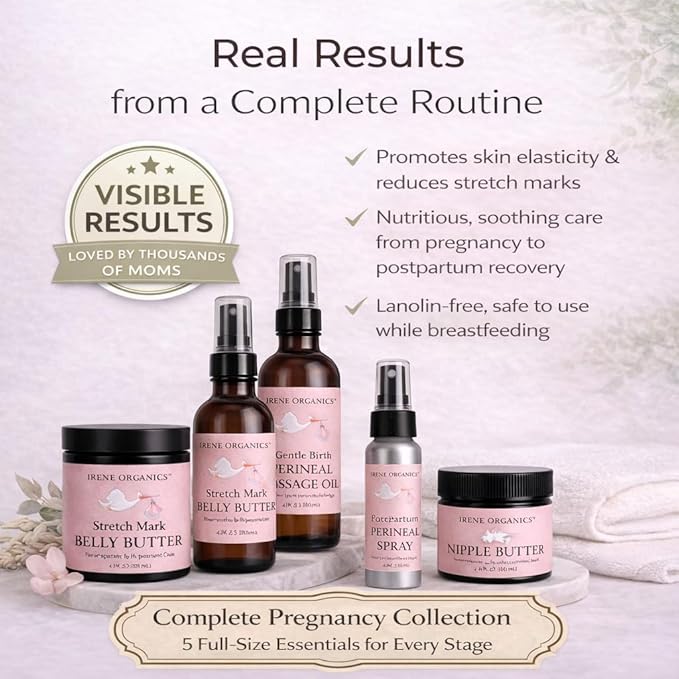 Irene Organics Belly Bundle – 5 Piece Pregnancy Skincare Gift Set with Organic Belly Butter & Natural Body Oil for Stretch Marks (5 piece set)