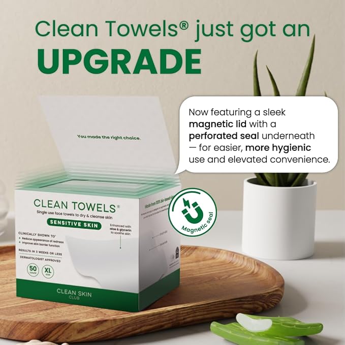 Clean Skin Club Clean Towels® XL Sensitive Skin | Ultra-Soft Disposable Face Towels Infused with Aloe & Glycerin | Dermatologist-Approved Towels for Sensitive Skin, Makeup Remover Dry Wipes, 50 count