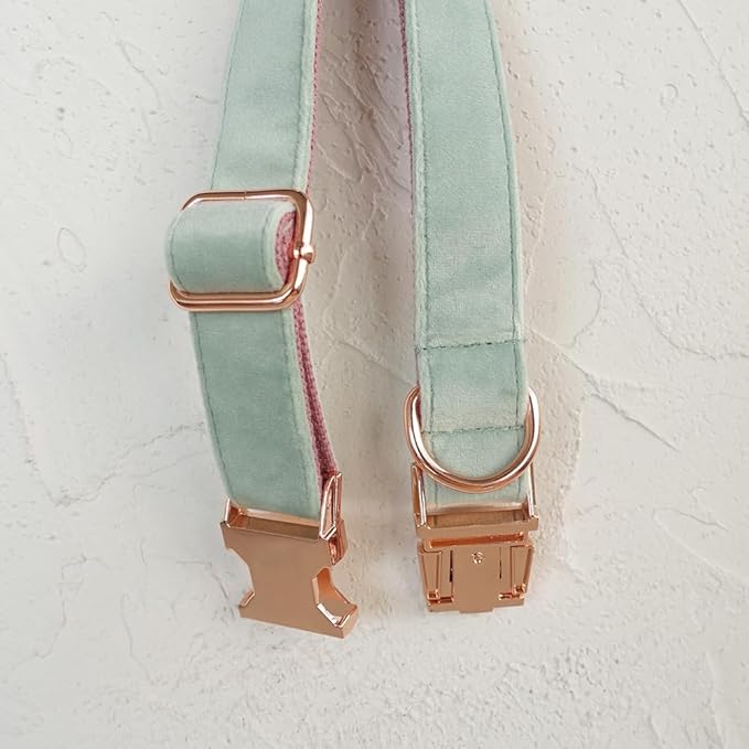 PETDURO Custom Dog Collar Personalized with Name Engraved Quick Release Rose Gold Metal Buckle for Large Medium Small Girl Dogs - Dog Leash and Bow Tie Available - Soft Comfy Velvet (Mint Pink, XS)