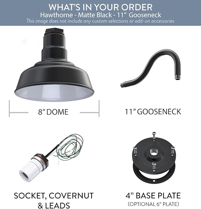Steel Lighting Co. | Dusk to Dawn | Hawthorne Barn Light | Outdoor Wall Mounted | 8 in Dome | 11 inch Gooseneck| Small Farmhouse Light Made in America | Matte Black Exterior/White Interior