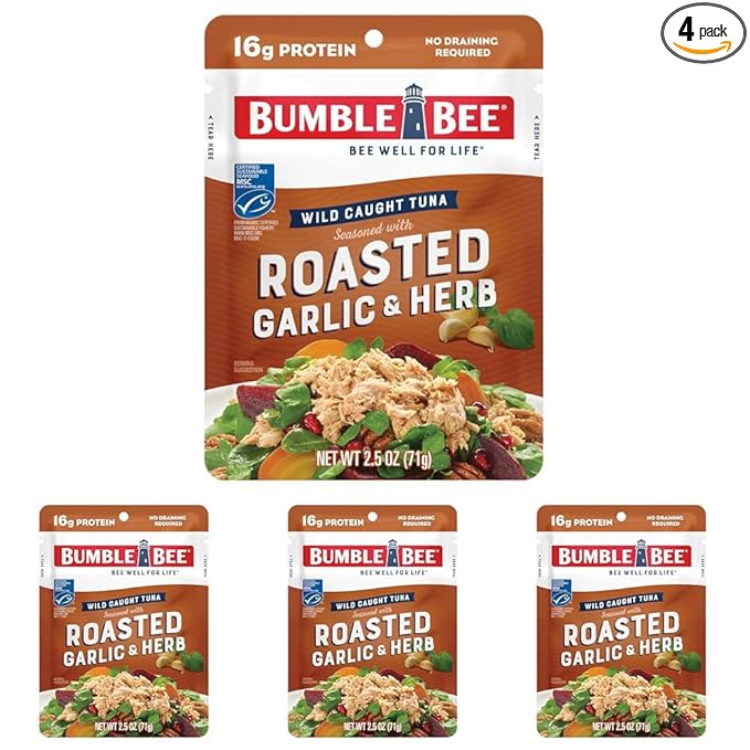 Bumble Bee Roasted Garlic & Herb Seasoned Tuna, 2.5 oz Pouch - Ready to Eat - Wild Caught Tuna Packet - 16g Protein per Serving - Gluten Free (Pack of 4)