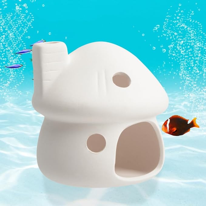 YXQ Aquarium Decorations Ceramic Mushroom House for Fish Tank Landscape to Small Shrimp/Goldfishes Hiding Rest and Breed (White)