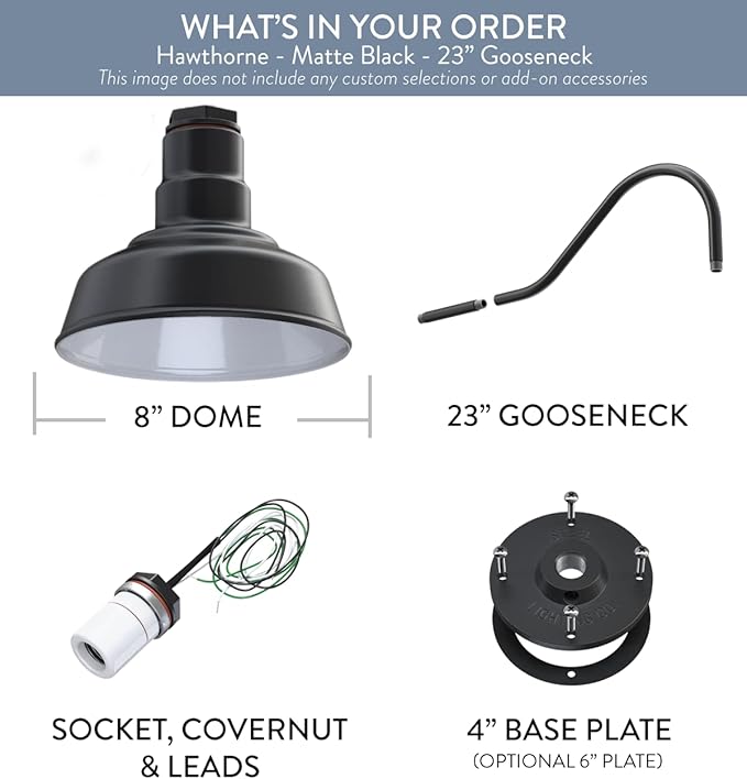 Steel Lighting Co. | Dusk to Dawn | Hawthorne Barn Light | Outdoor Wall Mounted | 8 in Dome | 23 inch Gooseneck| Small Farmhouse Light Made in America | Matte Black Exterior/White Interior