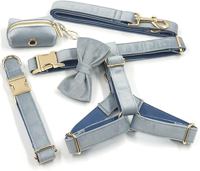 PETDURO Personalized Dog Collar Haze Blue Soft Velvet for Large Medium Small Boy Girl Dogs - Custom Collar with Name Phone Number Engraved on Gold Metal Buckle - Add Leash Bow Set via Customize Now
