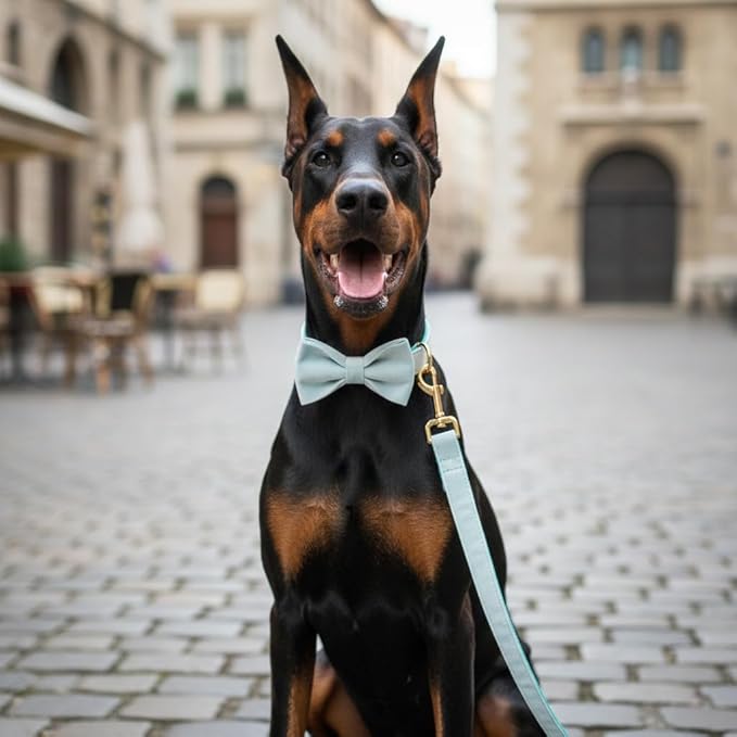 PETDURO Personalized Dog Collar Mint Blue Soft Velvet for Large Medium Small Boy Girl Dogs - Custom Collar with Name Phone Number Engraved on Gold Metal Buckle - Add Leash Bow Set via Customize Now