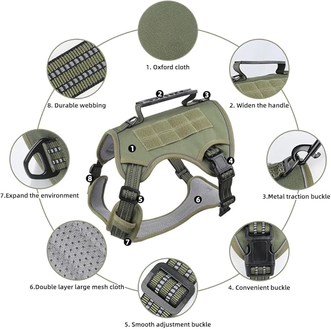 Tactical Dog Harness with Leash for Large Dogs, No Pull Adjustable Dog Harness, Reflective K9 Working Pet Vest for Walking, Training (Army Green, L)