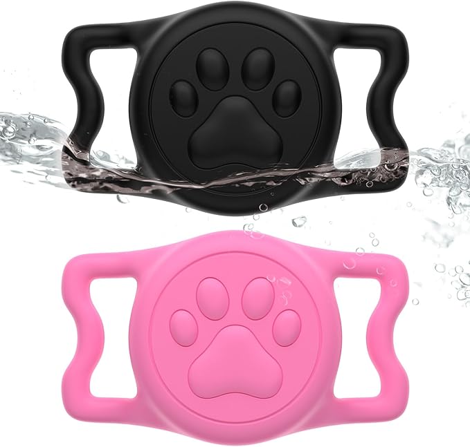 for Airtag Dog Collar Holder, Dog Airtag Holder Waterproof, Lightweight & Soft Silicone Air Tag Case for Pet Collars, Works with Multiple Tracker Tag Products (Black1+Pink1, 2 Pack)
