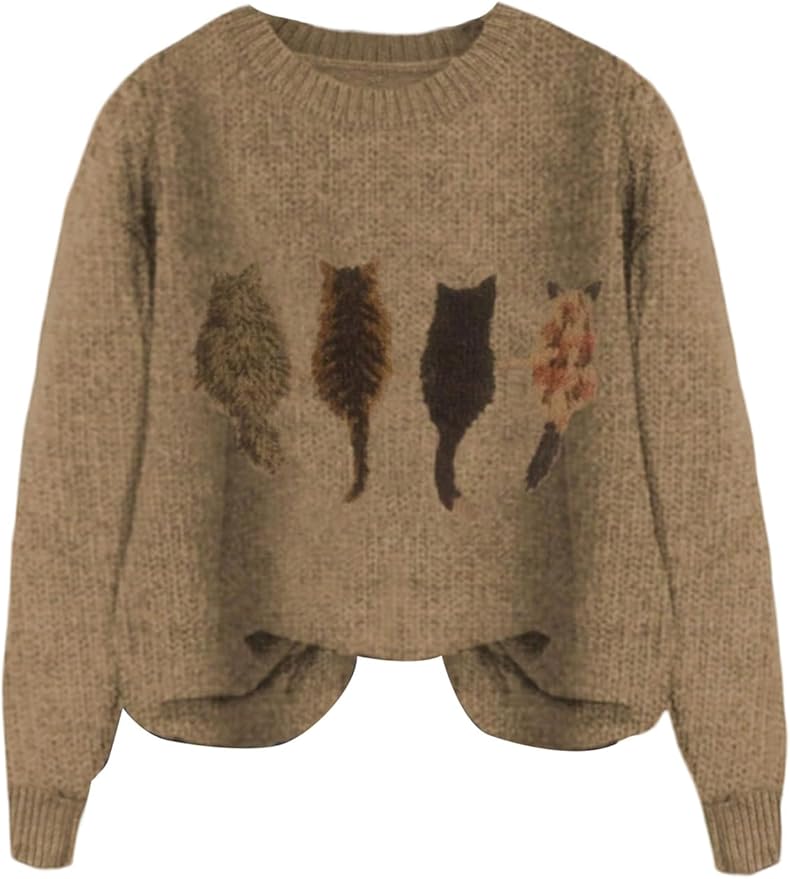 WDIRARA Women's Cat Graphic Sweater Long Sleeve Crew Neck Knit Tops Casual Knitwear