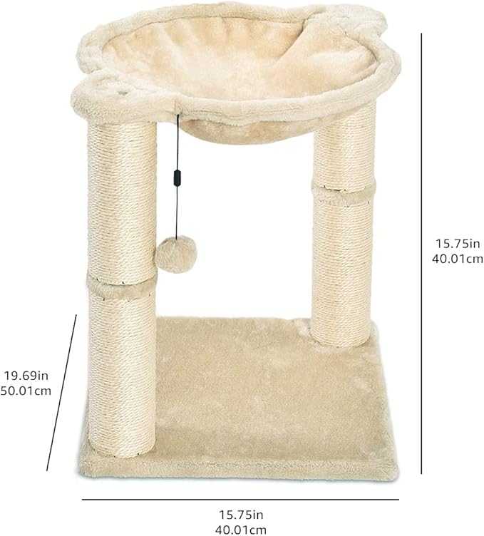 Amazon Basics Cat Condo Tower with Hammock Bed and Scratching Post,Easy to Assemble,Plush Hammock,Interactive Hanging Ball,Durable Sisal Scratch Posts for Indoor Cats, 15.8 x 15.8 x 19.7 Inches, Beige