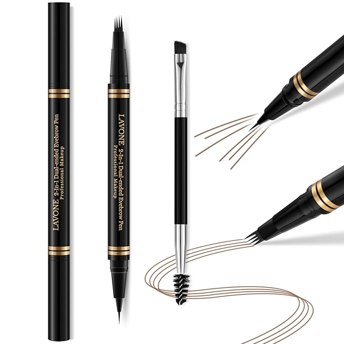 Eyebrow Pen Makeup Kit - 4 Tip Waterproof Microblading Pencil, Eyeliner, Pomade and Dual-ended Brush - Natural Looking Brow Kit - Soft Brown