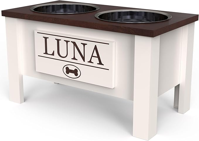 GTW Personalized Elevated Dog Bowl Stand for Large, Medium, Small, X-Small Dogs - Stainless Steel Food and Water Bowls - Raised Dog Dish with Internal Storage (Large, Dark Walnut)