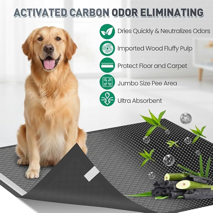 Extra Large Activated Charcoal Puppy Pads 36"x36", 32 Count – Leak-Proof & Super Absorbent 6-Layer Disposable Pee Pads with Advanced Odor Control & Quick Dry for Dog Training, Home Protection & Cat