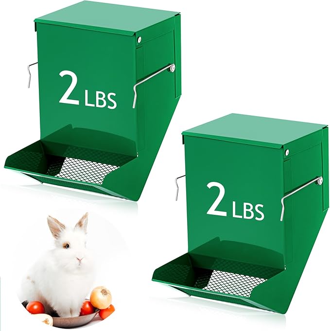 Maxcheck 2 Pcs Rabbit Feeder for Cages Small Animal Food Dispenser with Lid Metal Chicken Grit Oyster Shell Feeders Outside (4.7 Inches,Mesh Bottom,Green)