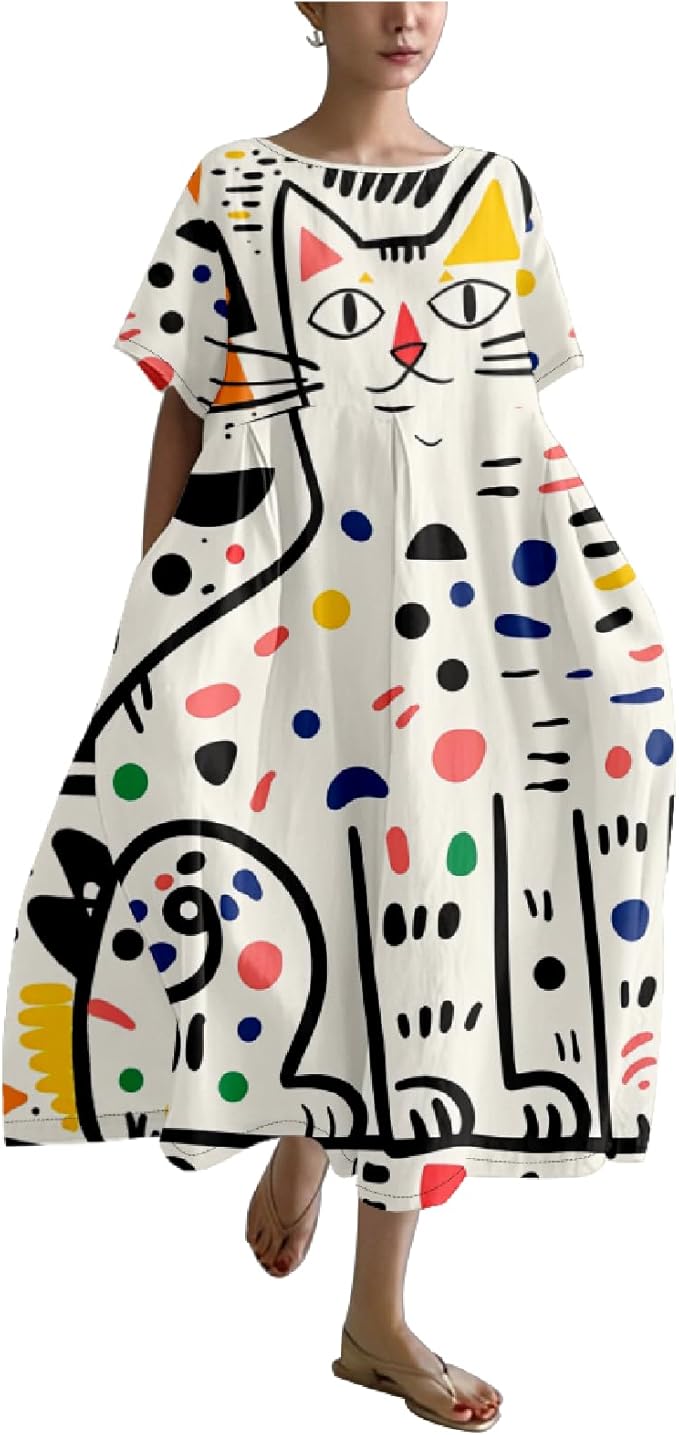 MARSVOVO Summer Dress for Women Funny Cat Graphic Cute Short Sleeve Maxi Dress Causal Plus Size Party Dress for Women