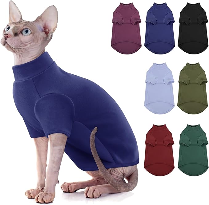 SUNFURA Turtleneck Sweater for Cat, Sphynx Cats Shirt Hairless Cat Sweaters with Sleeves, Warm and Soft Kitten Pullover Fleece Winter Pajamas Jumpsuit for Puppy Cats, Navy M