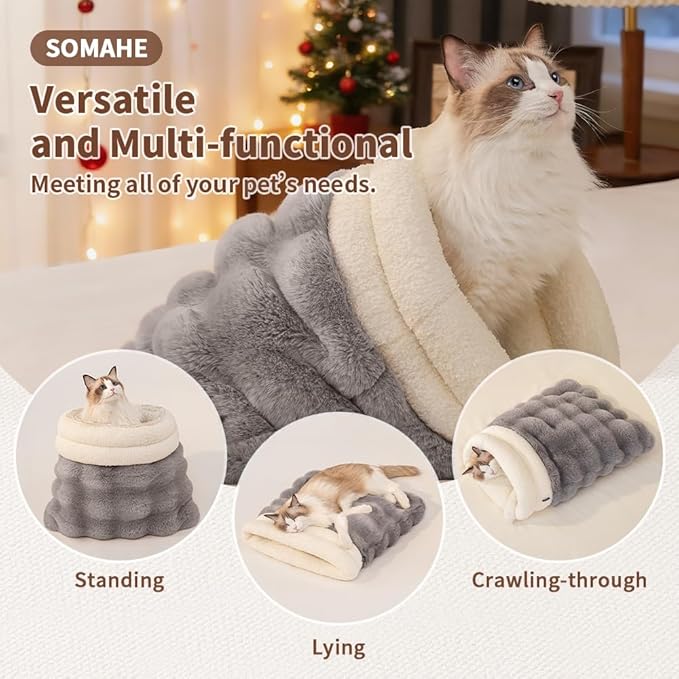 Cat Sleeping Bag for Indoor Cats Self Warming Cat Bed Fits up to 15 lbs Pets Soft Plush Warm Bed 360° Wrap Bag Washable Comfortable Pet Sleeping Bed 21" × 17" Coffee