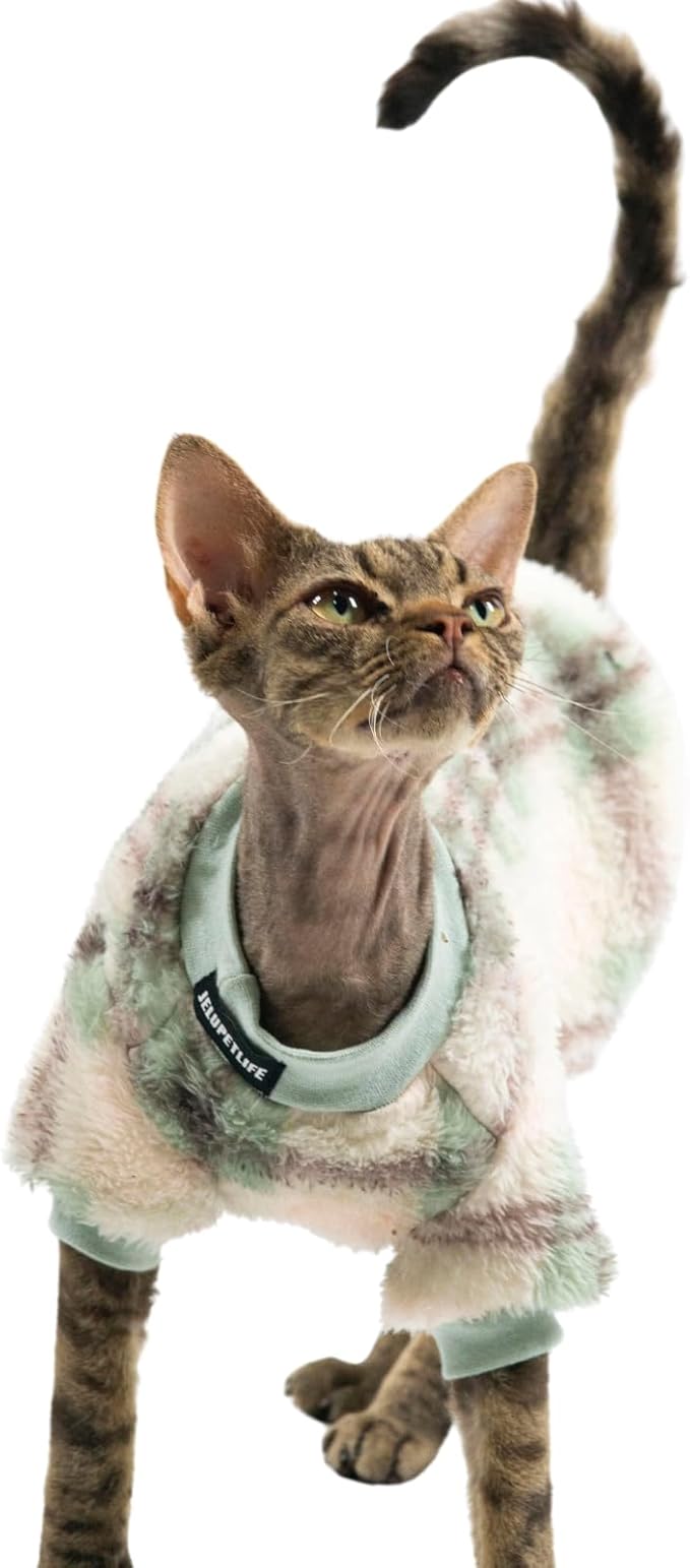 Cat Double-Sided Fleece Clothes, Soft Warm Winter Jumpsuit Sweater Shirt Clothing for Hairless Sphynx, Devon & All Indoor Kittens (Green,M)