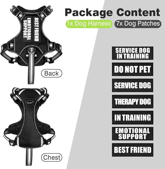 WINSEE Service Dog Vest No Pull Dog Harness with 7 Dog Patches, Reflective Pet Harness with Durable Soft Padded Handle for Training Small, Medium, Large, and Extra-Large Dogs (Medium, Black)