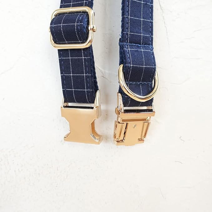 PETDURO Personalized Windowpane Plaid Dog Collar Blue - Engraved Name and Phone Number on Gold Metal Buckle - Custom for Small Medium Large Boy Girl Dogs - Add Leash Bow Tie via Customize Now