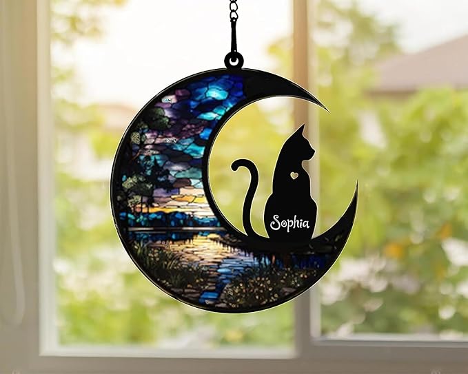 NAZENTI Cat Memorial Suncatcher, Personalized with Name and Cat Breeds, Loss of Pet Sympathy Suncatcher Gifts for Cat Lovers, Cat Sympathy Gift, Remembrance Gifts, Memorial Day Decorations Design 01