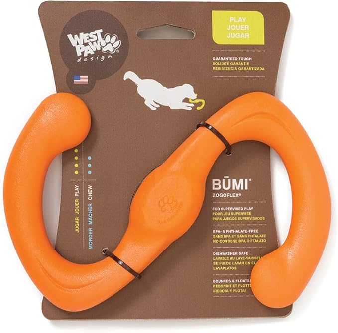 West Paw Zogoflex Bumi Dog Tug Toy – S-Shaped, Lightweight Chew Toys for Fetch, Play, Pet Exercise – Tug of War Soft Flinging Squishy Chewy Toy for Dogs – Guaranteed, Latex-Free, Small, Tangerine