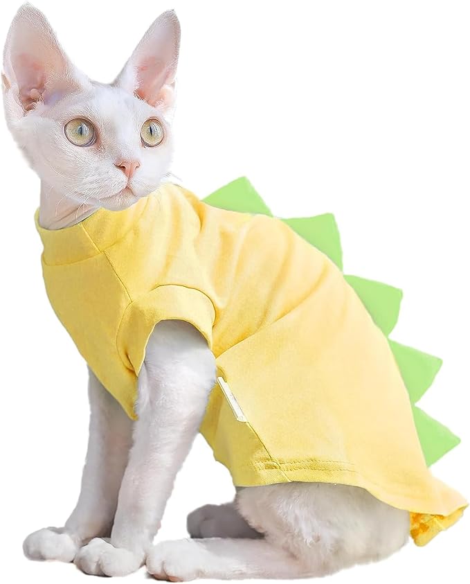 QBLEEV Sphynx Cat Clothes – Soft Cotton Dinosaur Shirt for Hairless Cats Only, Breathable Pet Daily Wear Apparel for Summer, Kitten Costume Pajamas for Indoor/Outdoor Use, XS-2XL