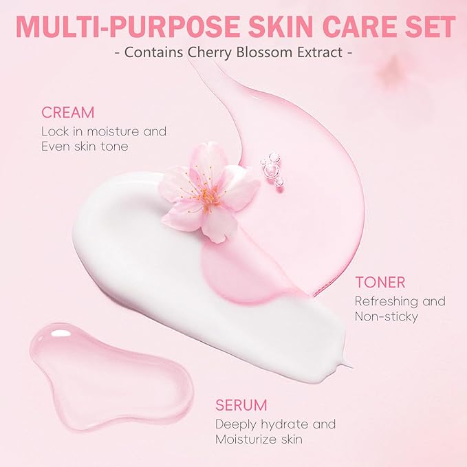 Skin Care Set for Teens Girls,Cherry Blossoms Skincare for Girls 10-12,Hydrating Face Skin Care Kit with Cleanser,Toner,Serum,Eye Cream,Face Cream,Galentines Gifts,Bulk Gift,Valentines Day Gifts