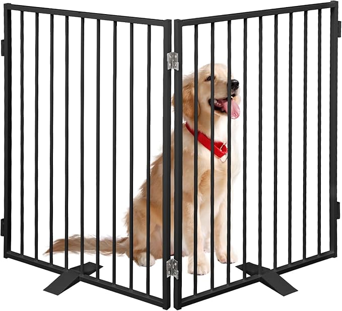 Metal Freestanding Dog Gates,Extra Wide 24", 32" Height Foldable Dog Fence for Indoor & Outdoor, Heavy Duty Freestanding Pet Barrier for Stairs, Doorways, Halls, Kitchen,Yard