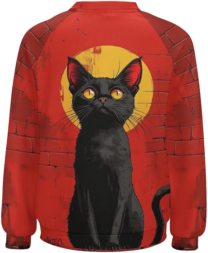 Halloween Sweatshirts for Women Black Cat Print Pullover Crewneck Oversized 2024 Fall Fashion Casual Warm Shirt