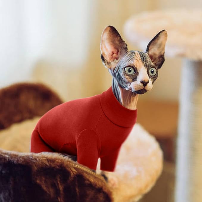 ROZKITCH Cat Clothes - Breathable Soft Jumpers for Cats, Warm Sweater T-Shirt Pajamas Jumpsuit Vest - Cornish Rex Devon Rex Peterbald Red L