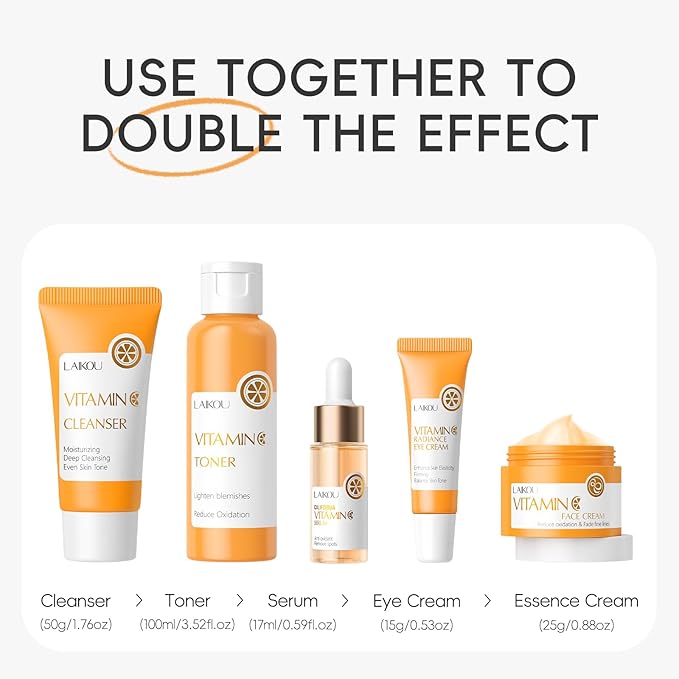 LAIKOU Skin Care Set Vitamin C Women Beauty Gift Sets Skin Care Kit with Cleanser, Toner, Serum, Eye Cream, Face Cream Travel Kit for Women Teen Girls Mom Daughter Birthday TSA-friendly Sizes 5pcs