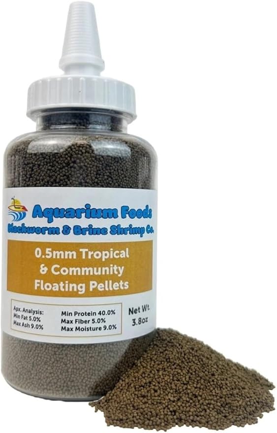 Aquatic Foods Inc. 0.5mm Tropical & Community Fish High Protein Micro Floating Pellets for Baby Cichlids, Bettas, Tetras, Guppies, Baby Koi & Pond Fish…3.5oz Squeeze Bottle