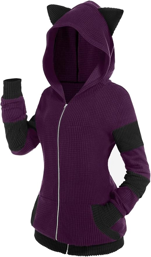 ROSE GAL Rosegal Women Plus Size Cat Ear Ribbed Hooded Blouson Jacket Animal Ear Two Tone Cute Hoodie