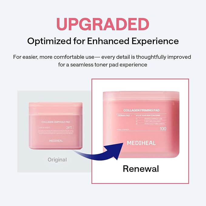 MEDIHEAL Toner Pads [Collagen] Skin Firming- Contains 98% Low-Molecular Collagen with Retinol & Peptides for Firming Care - Helps Restore Skin Elasticity - Vegan Moisturizing Fabric (100 Count)