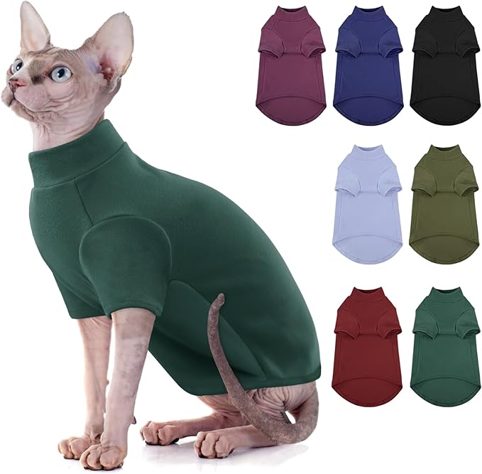 SUNFURA Turtleneck Sweater for Cat, Sphynx Hairless Cats Shirt Sweaters with Sleeves, Warm and Soft Kitten Pullover Fleece Winter Pajamas Jumpsuit for Puppy, Green M